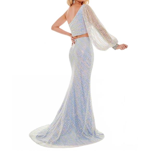 NEW RACHEL ALLAN two-piece sequin single shoulder prom dress in powder blue - Picture 2 of 2